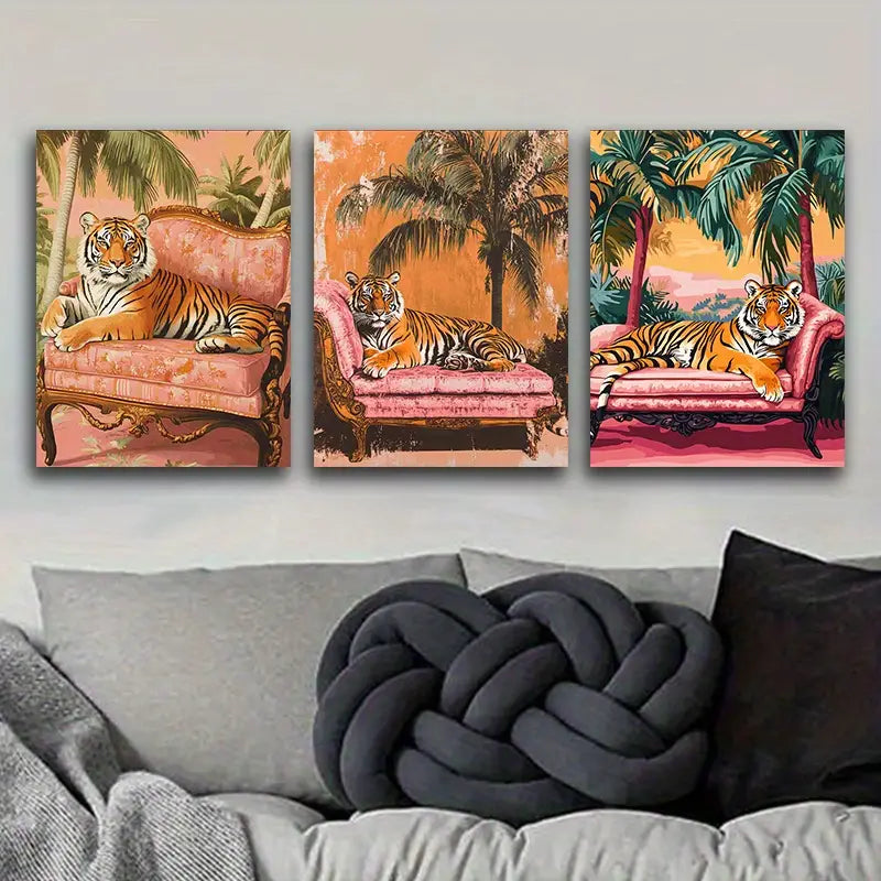 3pcs Featuring a Tiger Resting on a Sofa Metal Print Ready to Hang Art