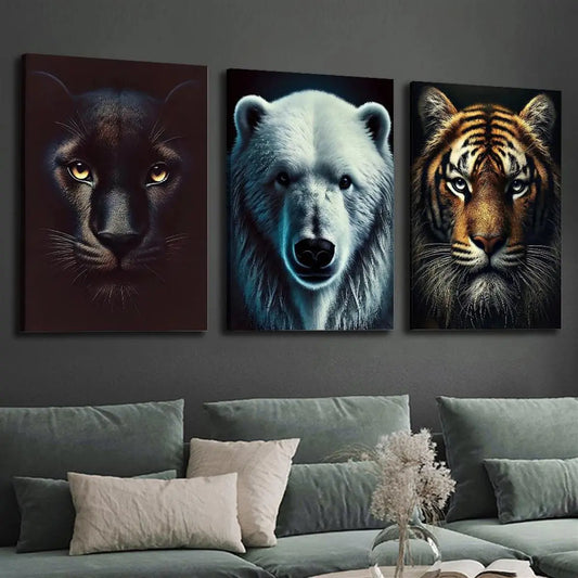 3pcs Black Panther, Polar Bear & Tiger Wildlife Metal Print Ready to Hang Art