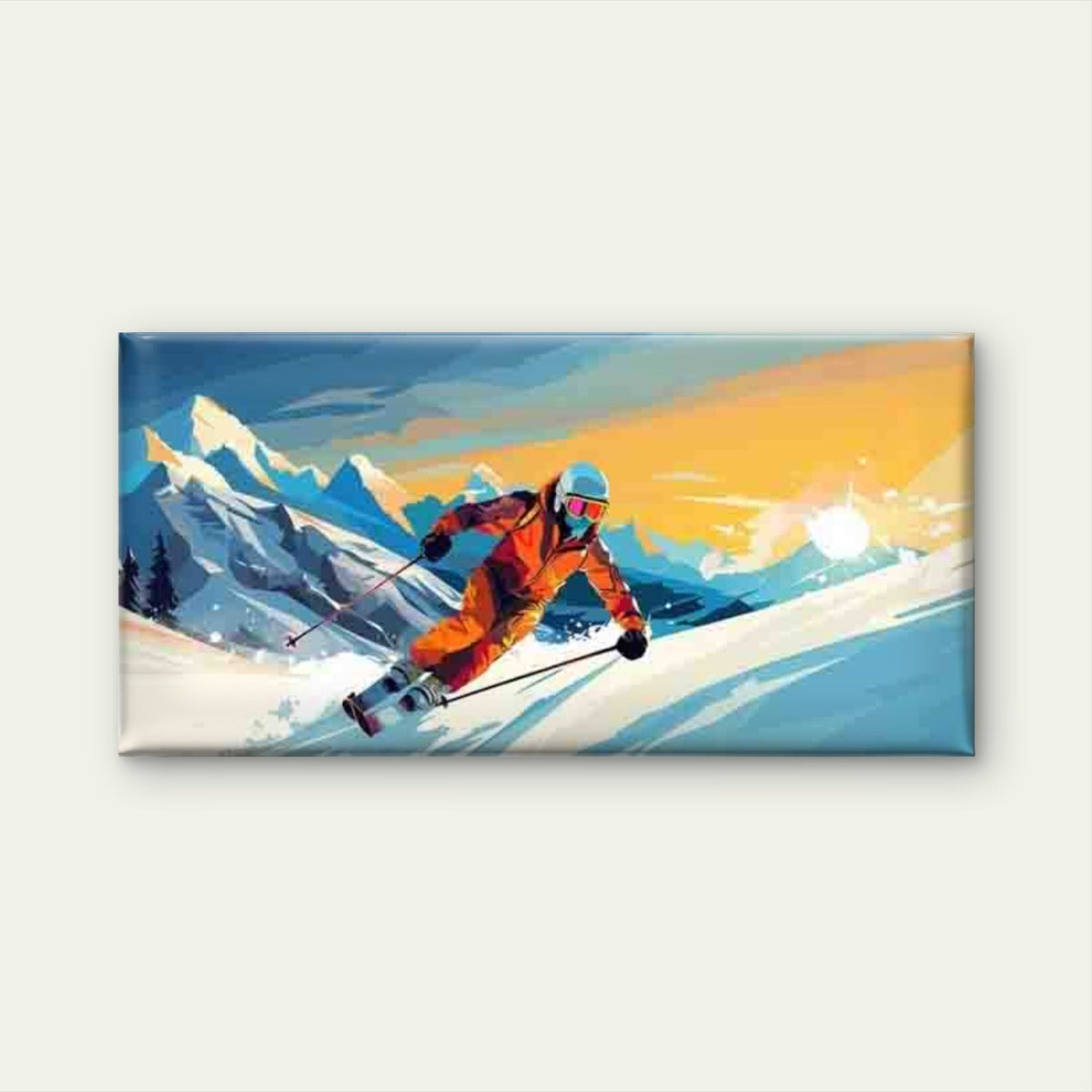 Retro Abstract Skier Painting Wall Art Canvas Office Home Room Framed 80x45cm