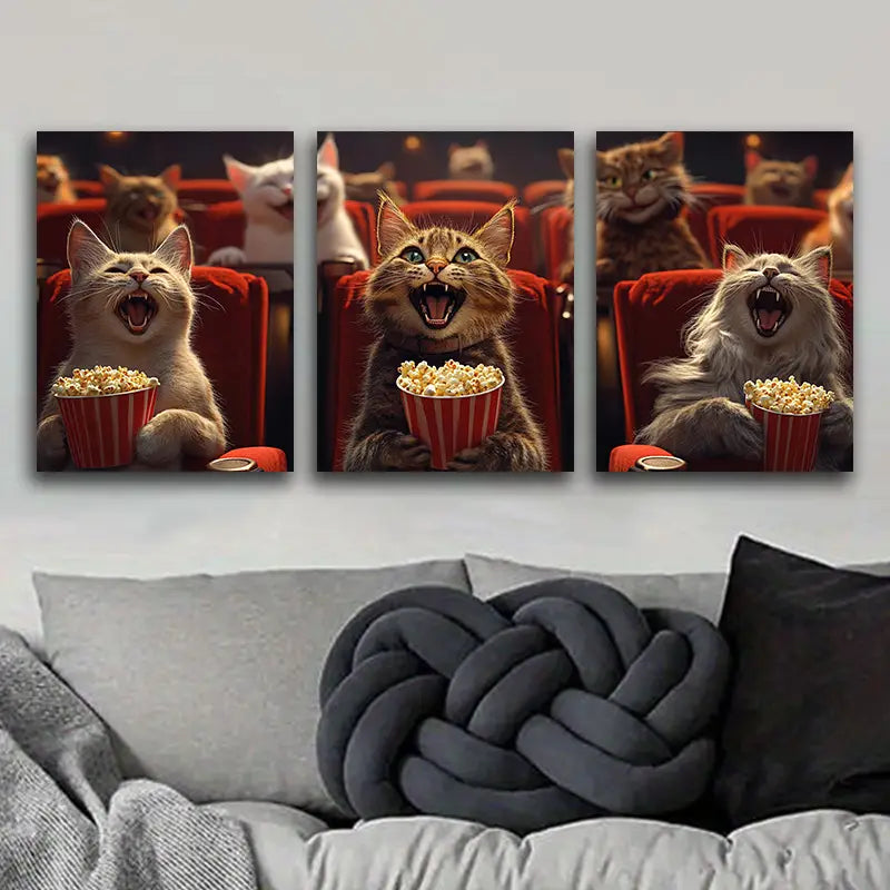 3pcs Whimsical Kitten Movie Night Metal Print Ready to Hang Art