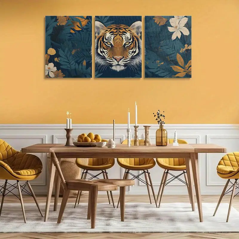 3pcs Vibrant Blue Background with Floral & Wildlife Design Metal Print Ready to Hang Art