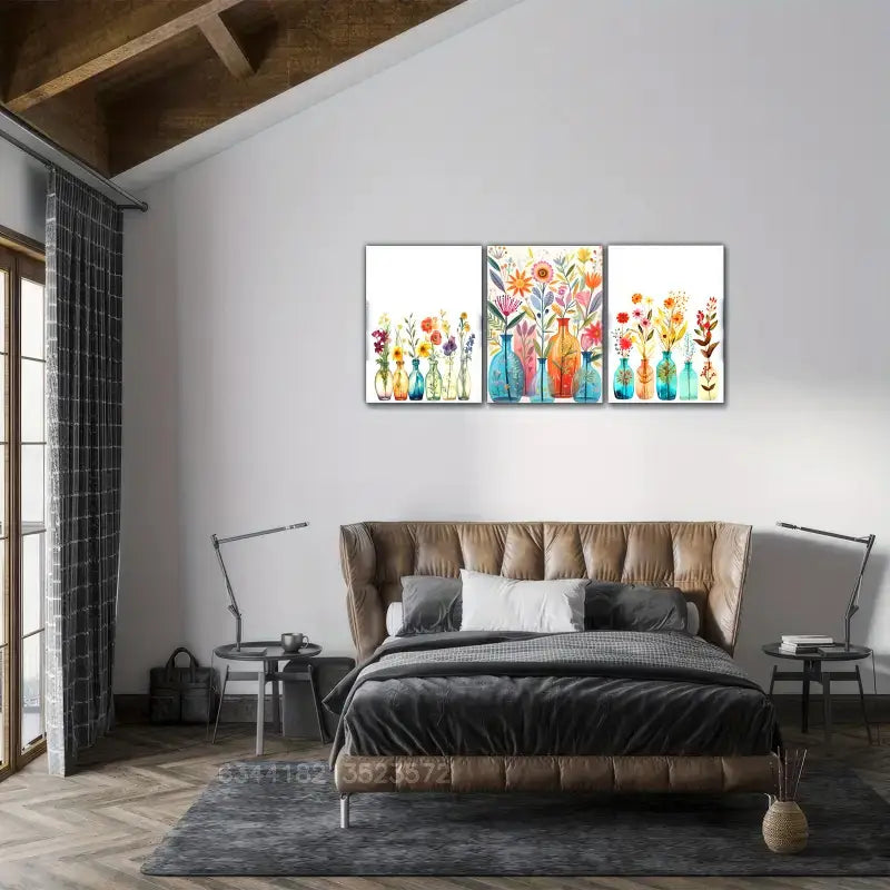 3pcs Bright Floral Vase And Flowers Unique Metal Print Ready to Hang Art