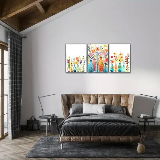 3pcs Bright Floral Vase And Flowers Unique Metal Print Ready to Hang Art