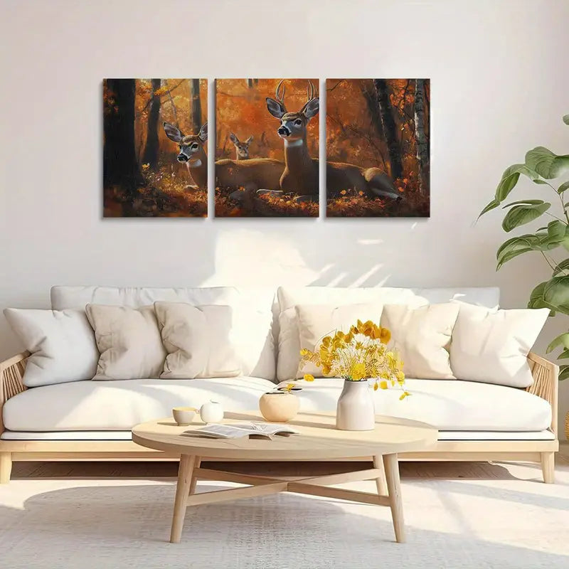 3pcs Deer in the Woods Autumn Trees Metal Print Ready to Hang Art