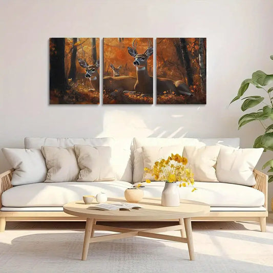 3pcs Deer in the Woods Autumn Trees Metal Print Ready to Hang Art