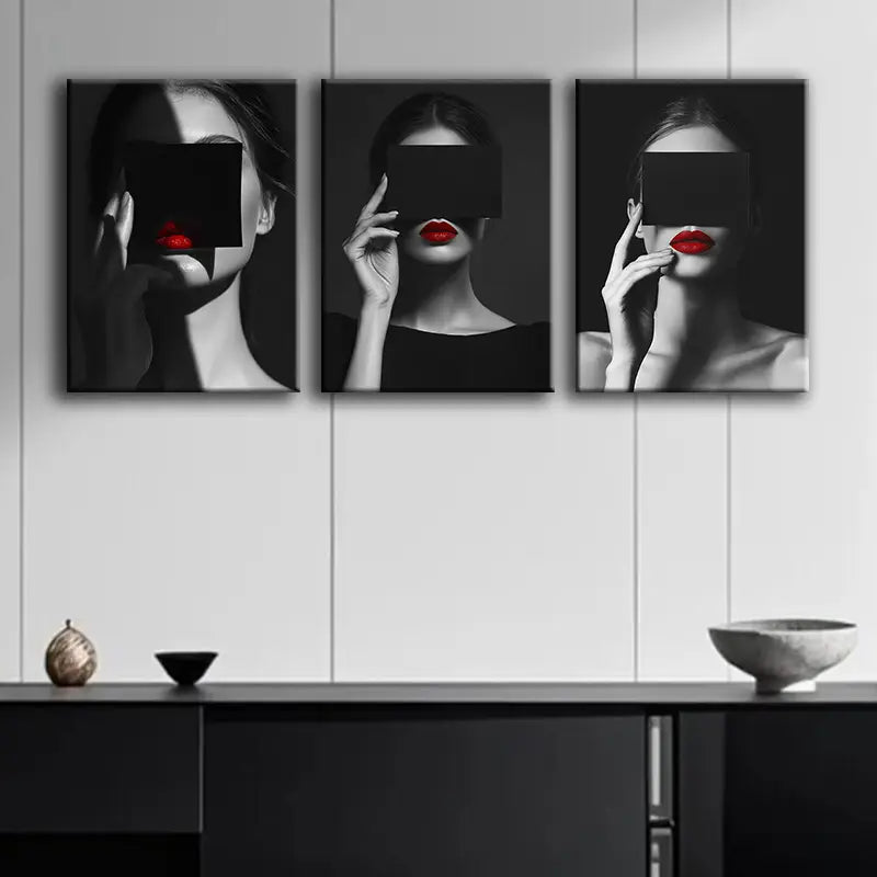 3pcs Modern Black and White Woman with Red Lipstick Design Metal Print Ready to Hang Art