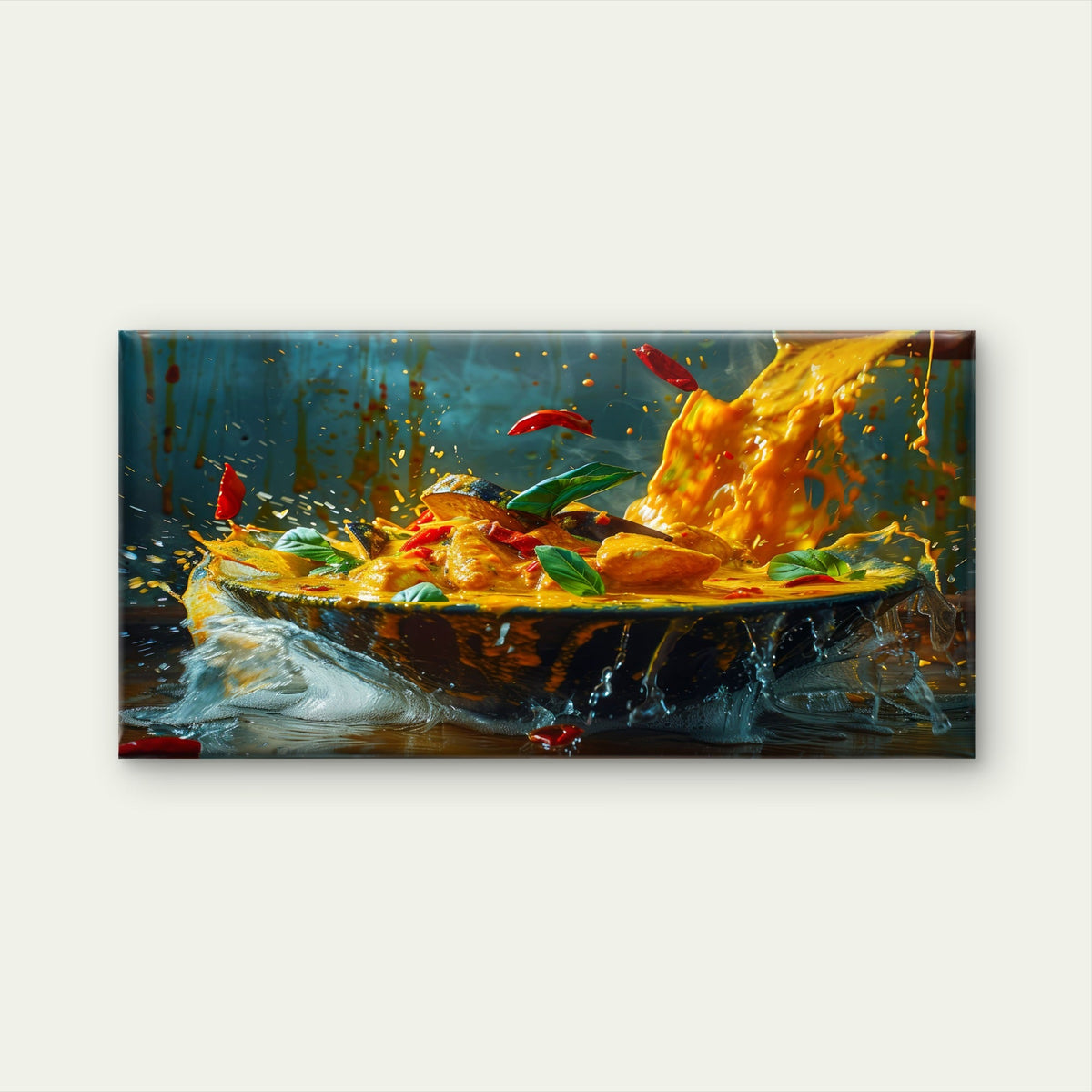 Dynamic Yellow Curry Splash Wall Art Canvas Office Home Room Framed 80x45cm