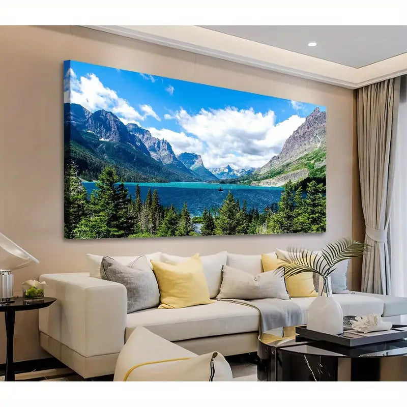 Saint Mary Lake Blue Sky Mountain Forest Nature Scene Wall Art canvas office home room framed 120x60cm