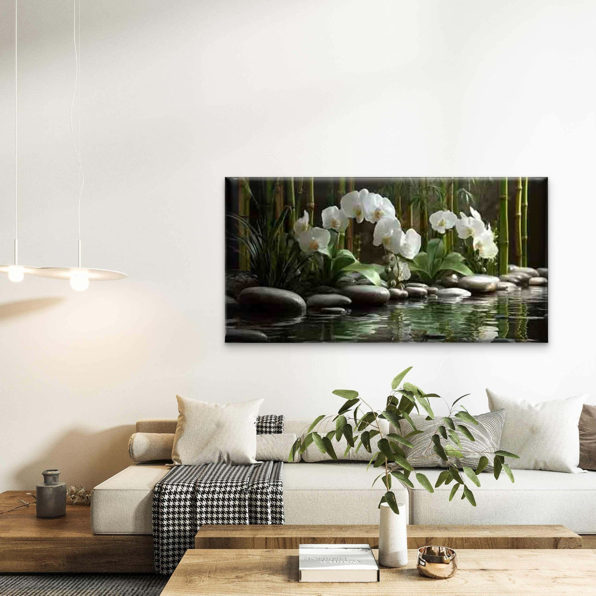 Bamboo Pond with White Orchids Wall Art Canvas Office Home Room Framed 120x60cm