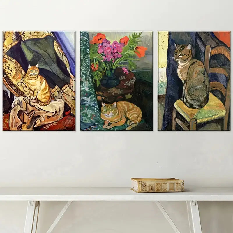 3pcs Retro Style Cat Abstract Landscape Art Wall Art Set Canvas Framed 40x60cm - High Quality Print 100% Australian Made Wall Canvas Ready to Hang