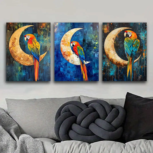 3pcs Art Painting Parrots Perch on the Edge Metal Print Ready to Hang Art