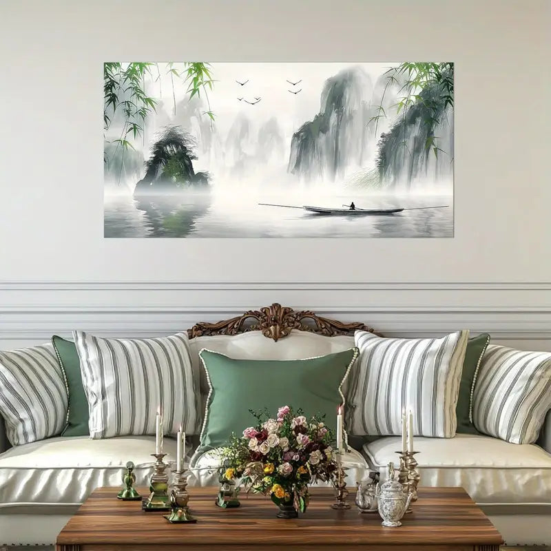 Black & White Mountain Scenery Green Bamboo Wall Art canvas office home room framed 120x60cm