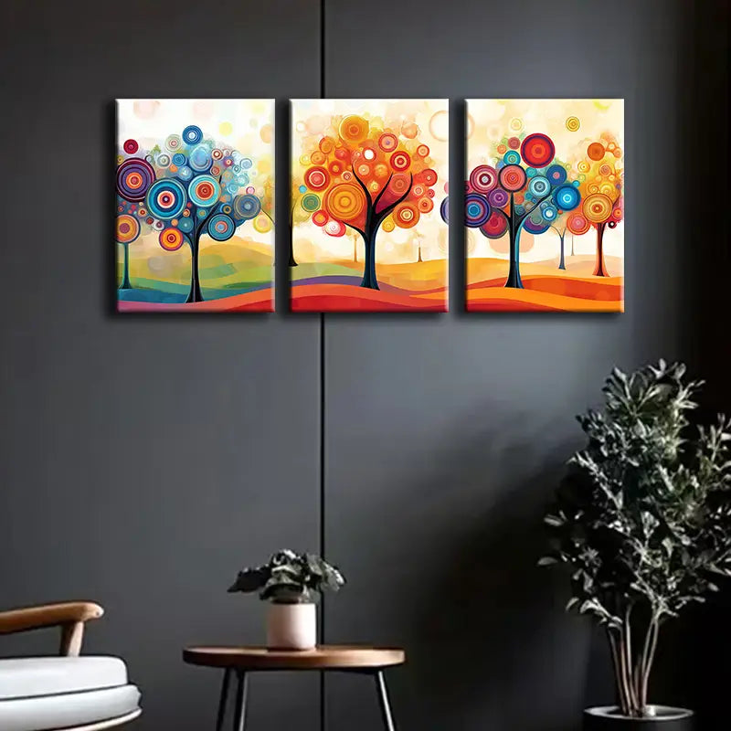 3pcs Colorful Trees with Circles Metal Print Ready to Hang Art