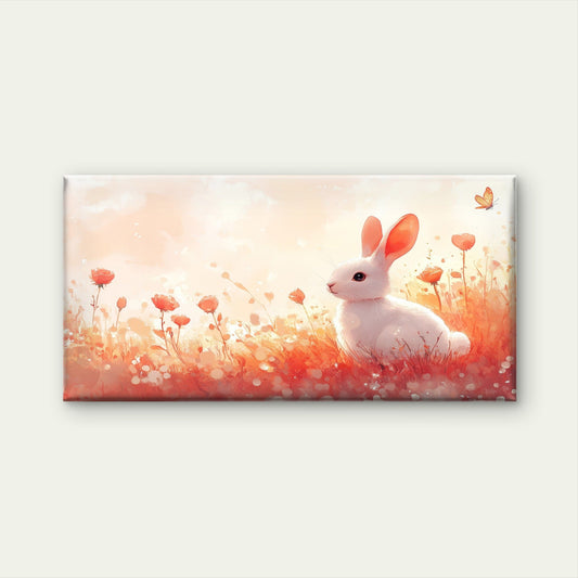 Cute White Bunny Rabbit Meadow Wall Art Canvas Office Home Framed 80x45cm