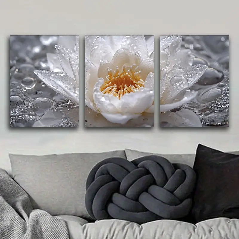 3pcs Featuring White Lotus Flowers Metal Print Ready to Hang Art