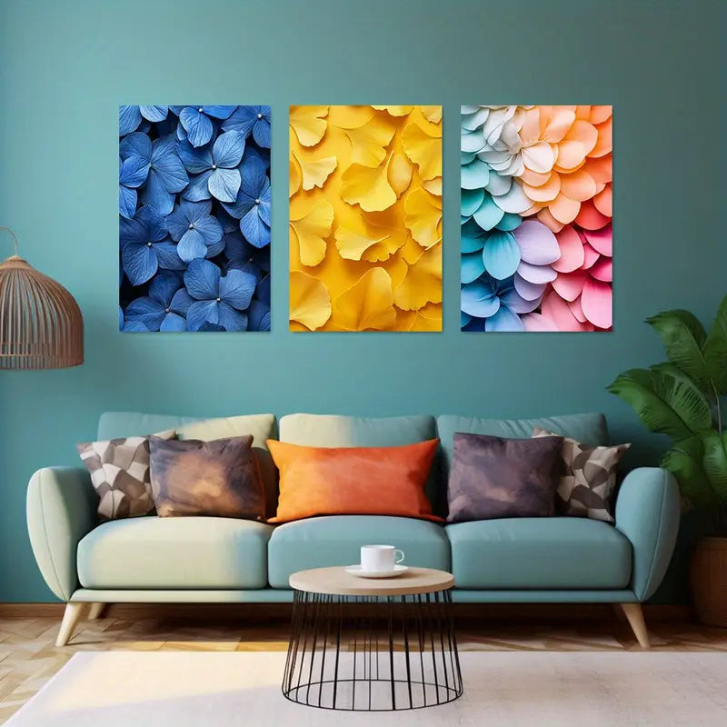 3pcs Beautiful Hydrangea and Petal Design Metal Print Ready to Hang Art