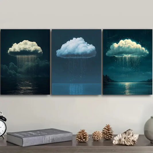 3pcs Featuring a Solitary Cloud with Rain Metal Print Ready to Hang Art