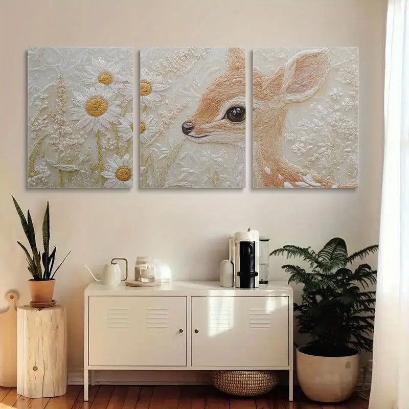 3pcs Deer & Daisy Spring Fawn Nature-Inspired Metal Print Ready to Hang Art