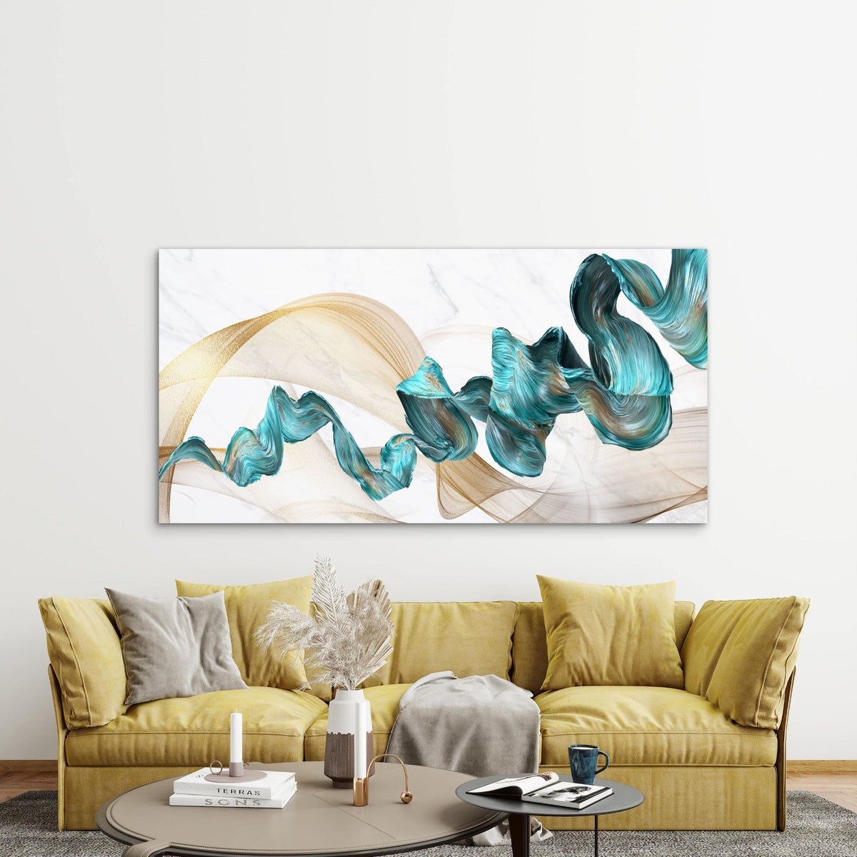 Flowing Teal Golden Ribbons Wall Art Canvas Office Home Room Framed 80x45cm