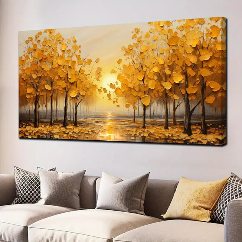 Yellow Leaves Sunset Trees Wall Art canvas office home room framed 80x45cm
