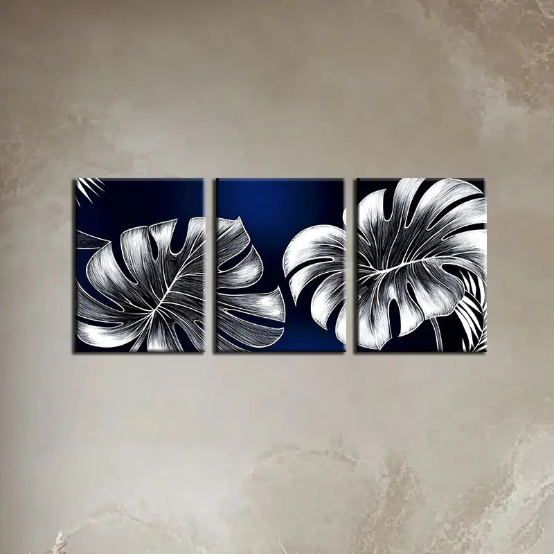 3pcs Abstract Leaves Design Dark Blue & Grey Metal Print Ready to Hang Art