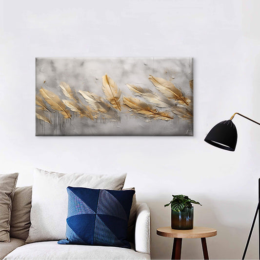 Abstract Golden Feather Grey Texture Wall Art Canvas Office Home Framed 80x45cm