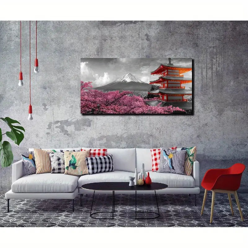 Pink Cherry Blossom & Mount Fuji Wall Art canvas office home room framed 120x60cm