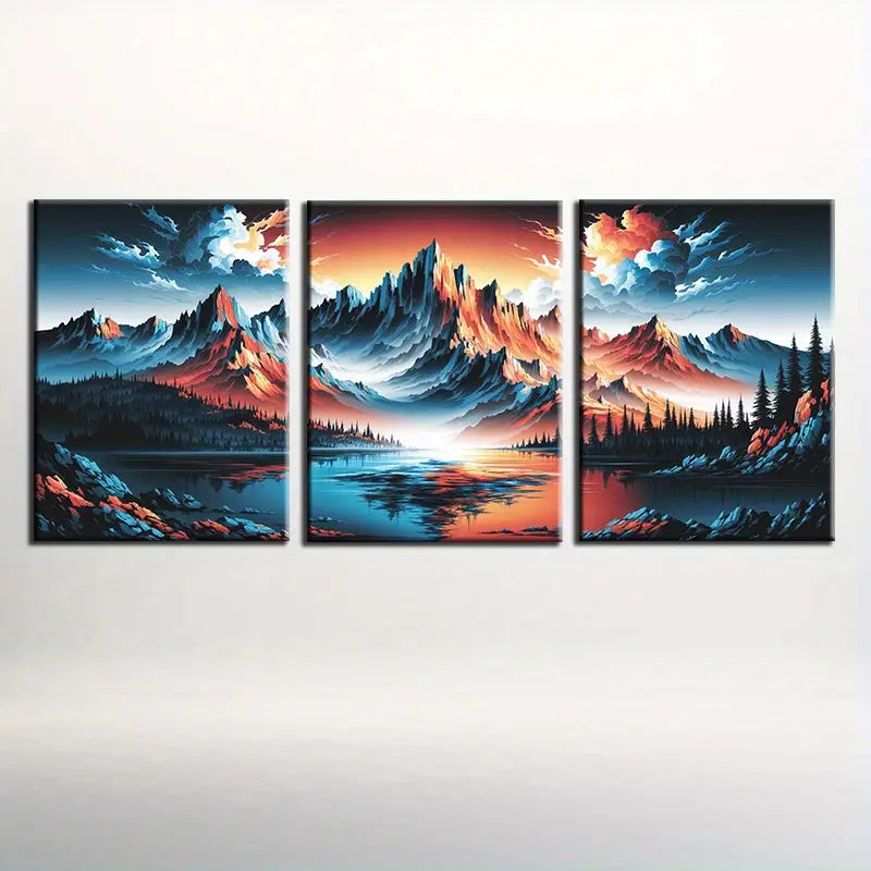 3pcs Nature-Inspired Mountain with Serene Lake & Sunset Metal Print Ready to Hang Art