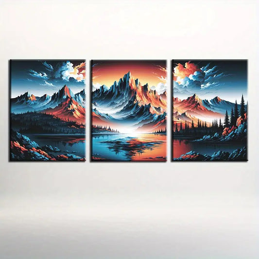 3pcs Nature-Inspired Mountain with Serene Lake & Sunset Metal Print Ready to Hang Art