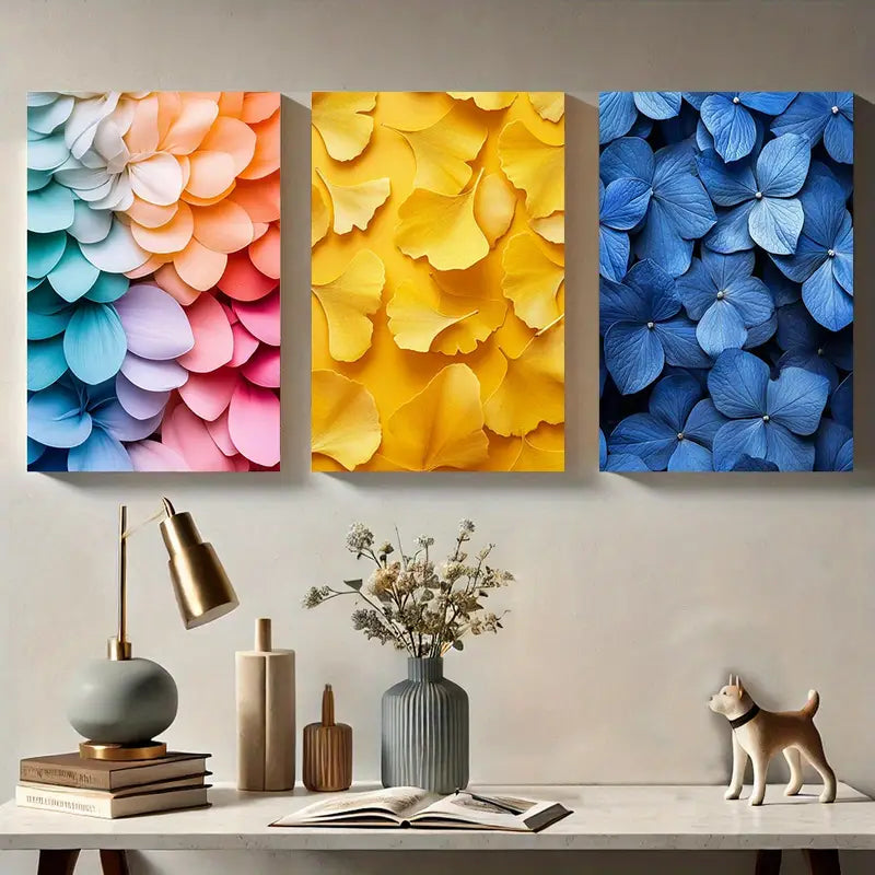 3pcs Beautiful Hydrangea and Petal Design Metal Print Ready to Hang Art