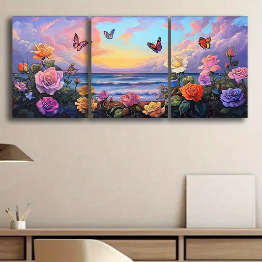 3pcs Roses and Butterflies on the Beach Scene Metal Print Ready to Hang Art