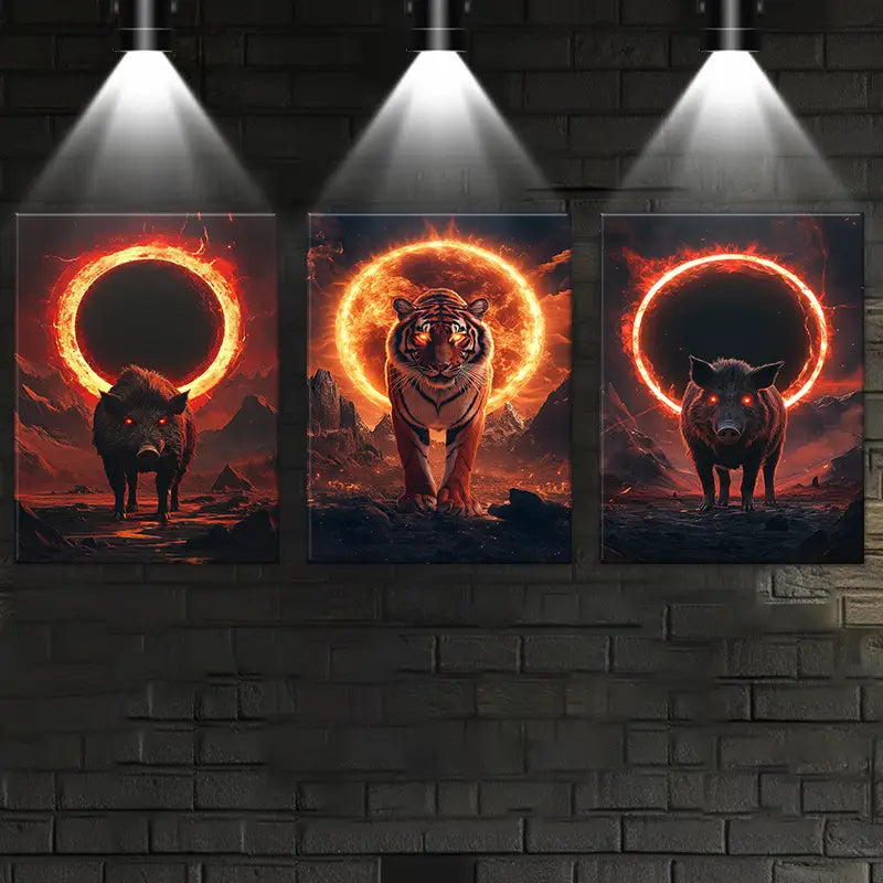 3pcs Majestic Animals Painting Pig and Tiger Fire Ring Metal Print Ready to Hang Art