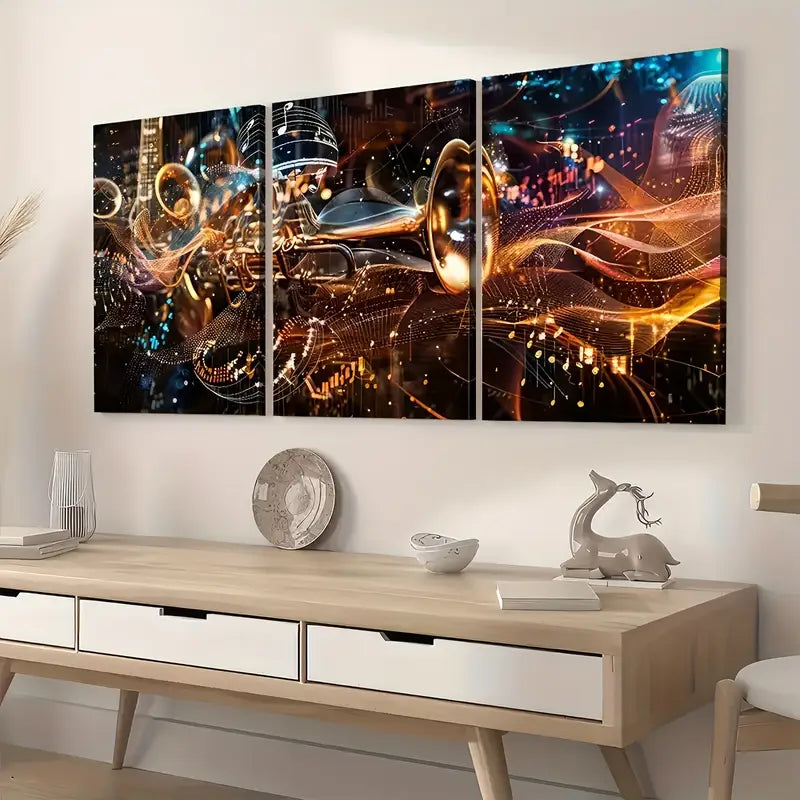 3pcs Abstract Modern Fashion Musical Instrument Art Trumpet Wall Art Set Canvas Framed 40x60cm - High Quality Print 100% Australian Made Wall Canvas Ready to Hang