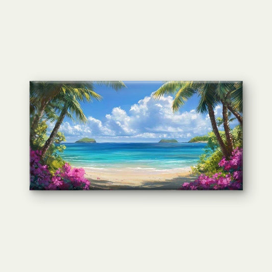 Tropical Paradise Beach Scene Wall Art Canvas Office Home Room Framed 80x45cm