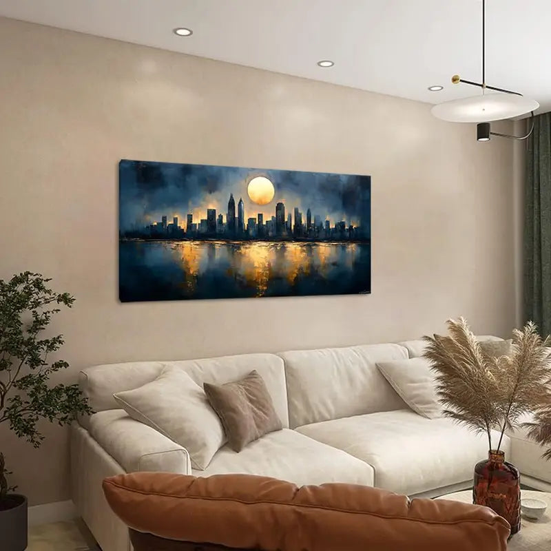 Golden Moon Night Cityscape Abstract Wall Art canvas office home room framed 120x60cm