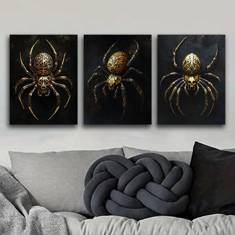 3pcs Golden and Black Spider Design Metal Print Ready to Hang Art