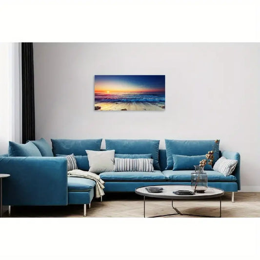 White Ocean Beach Sunrise Ocean Waves & Sandy Shore Wall Art canvas office home room framed 120x60cm