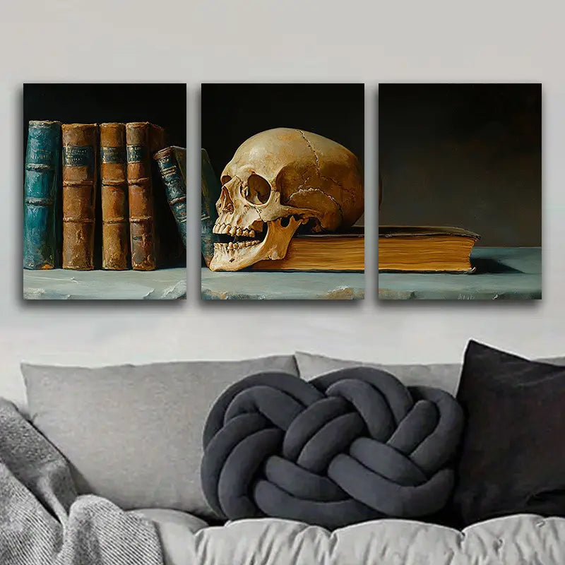 3pcs Skeletons and books on the table Metal Print Ready to Hang Art