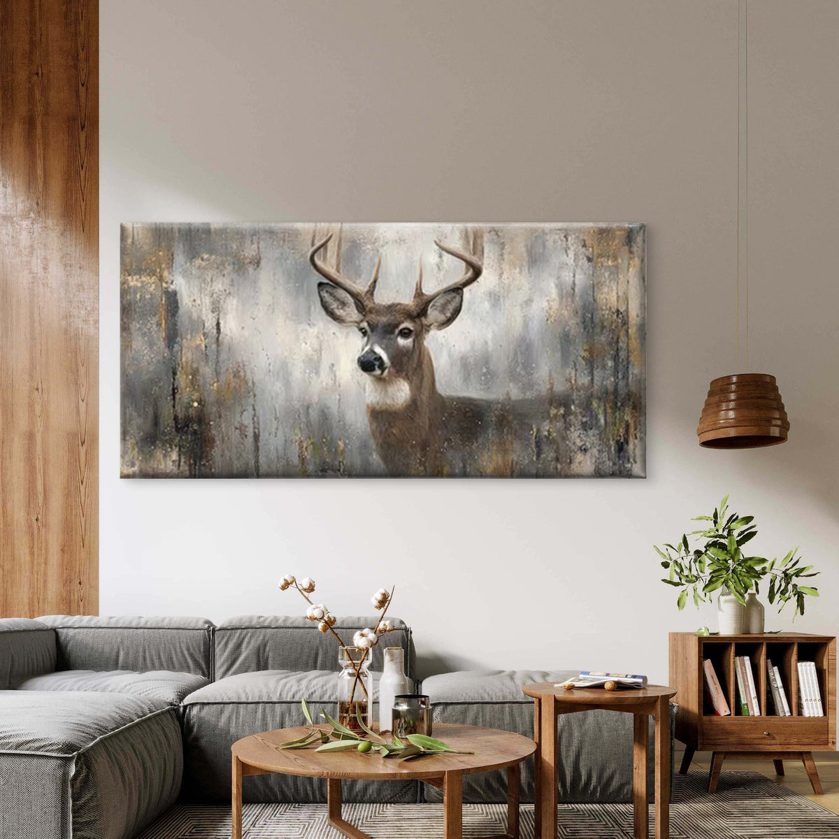 Rustic Deer with Antlers, Modern Farmhouse Decor Wall Art Canvas Office Home Room Framed 80x45cm