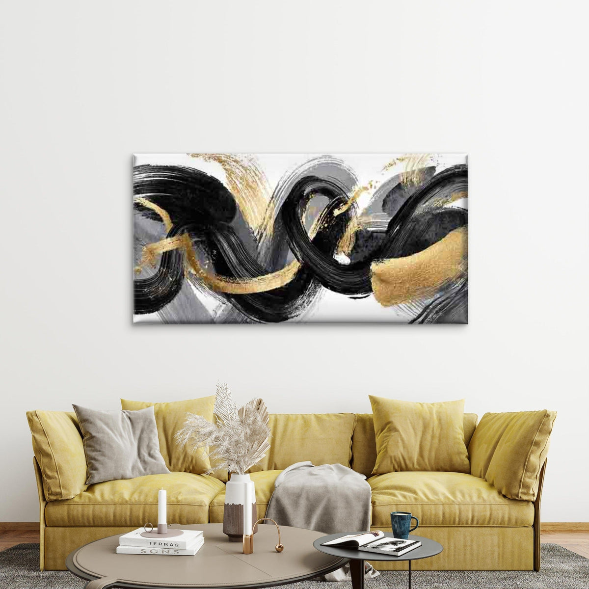 Abstract Black White Swirls Wall Art Canvas Office Home Room Framed 120x60cm