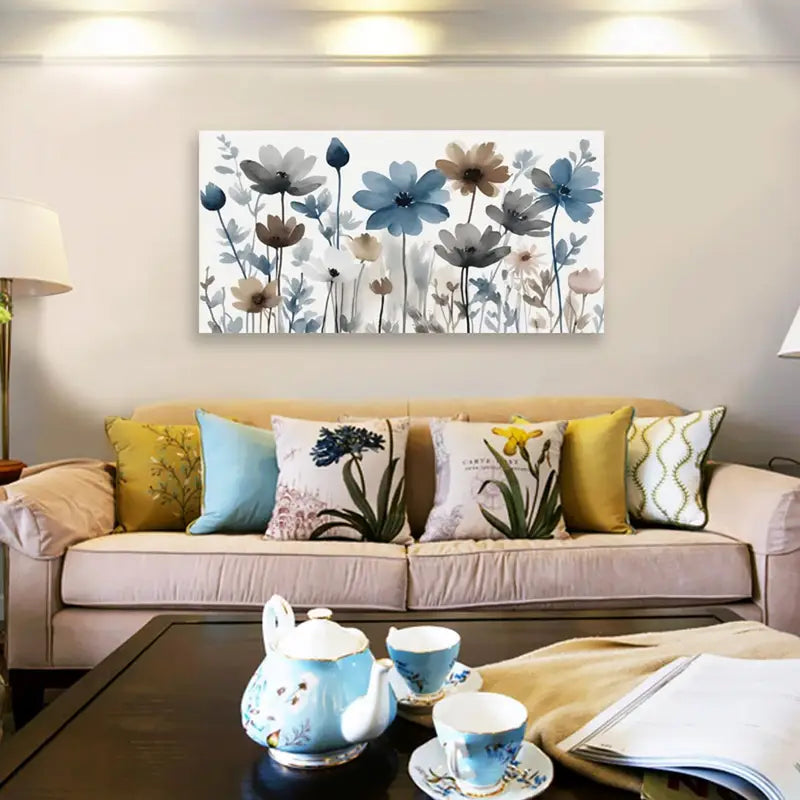 Indigo Brown Gray Flower Wall Art canvas office home room framed 120x60cm
