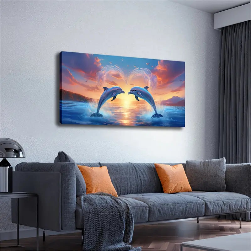 Two Dolphins on The Sea Wall Art Canvas Office Home Room Framed 120x60cm