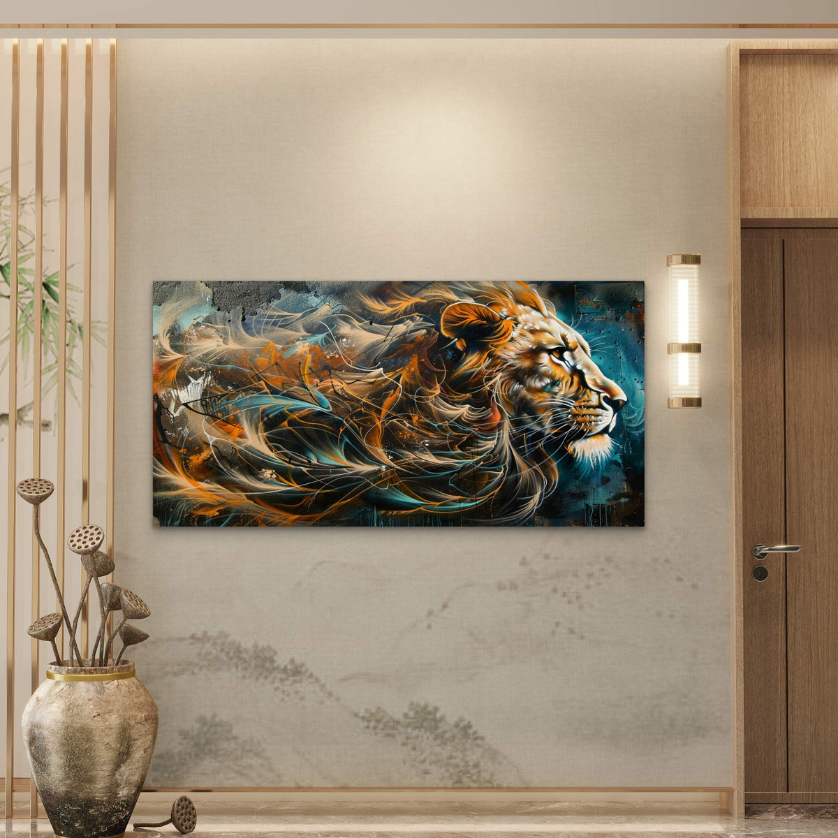 Golden Lion Roaring Energy Wall Art Canvas Office Home Room Framed 120x60cm