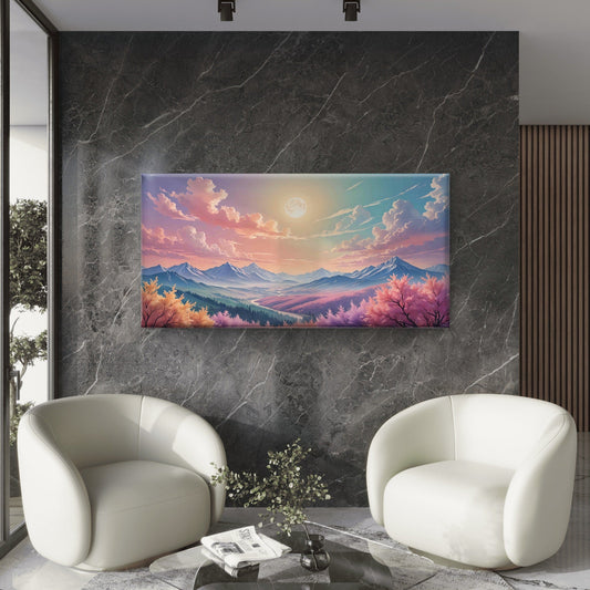 Vibrant Anime Landscape Mountains Wall Art Canvas Office Home Room Framed 80x45cm