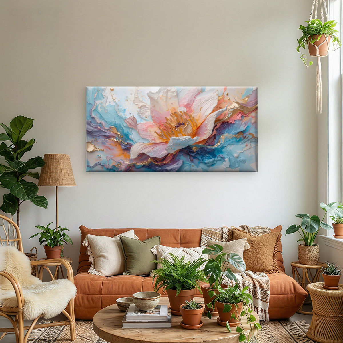 Pink Water Lily Gold Impasto Wall Art Canvas Office Home Room Framed 80x45cm