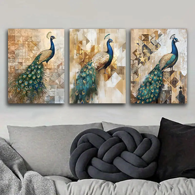 3pcs Featuring a Peacock Displaying Its Feathers Metal Print Ready to Hang Art