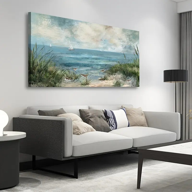 Vintage Seascape Sailboats Seagulls Reeds Wall Art canvas office home room framed 120x60cm