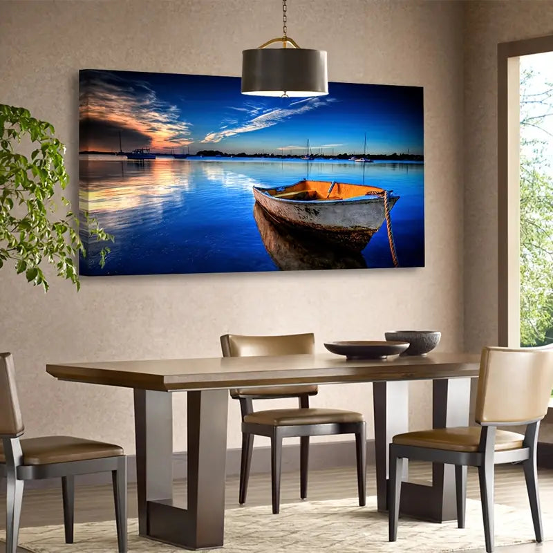 Blue Lake Boat Ocean Sunset Wall Art canvas office home room framed 120x60cm