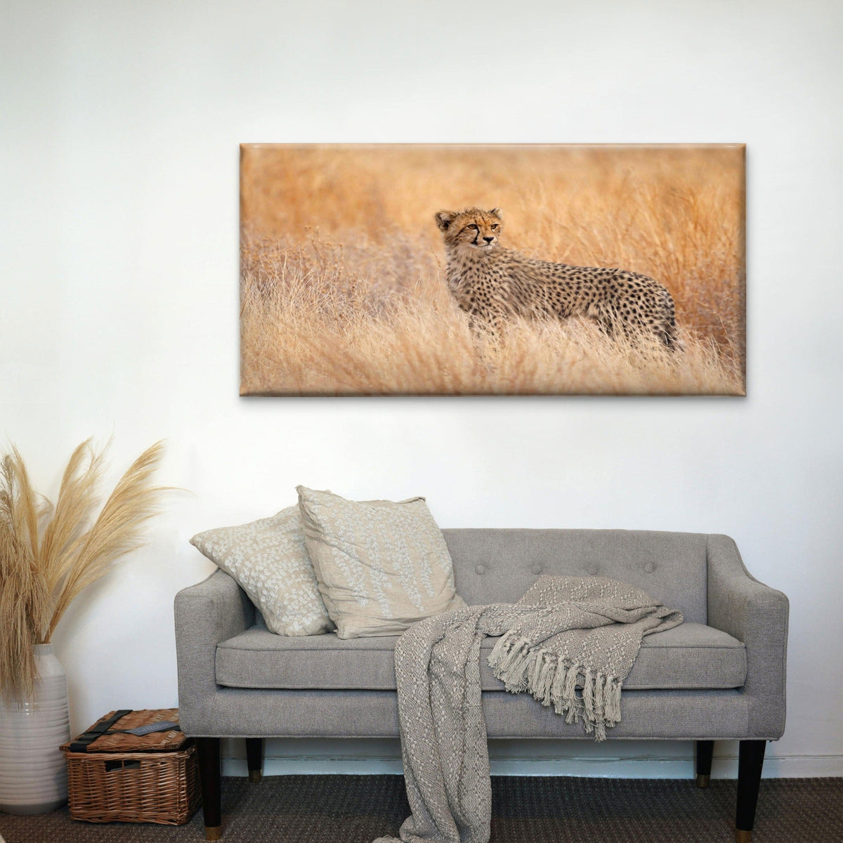 Spotted Wild Cat in Golden FieldWall Art Canvas Office Home Room Framed 120x60cm