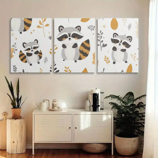 3pcs Playful Raccoon Patterns with Autumn Leaves Metal Print Ready to Hang Art